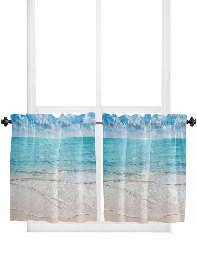 Jolunifun Ocean Beach Theme Kitchen Curtains for Bedrooml Living Room 24 Inch Length, Blue White Small Short Cafe Tiers Curtains Drape, 2 Panel Window Treatment Rod Pocket Drapery Panels Curtains 55x24 - Image 1